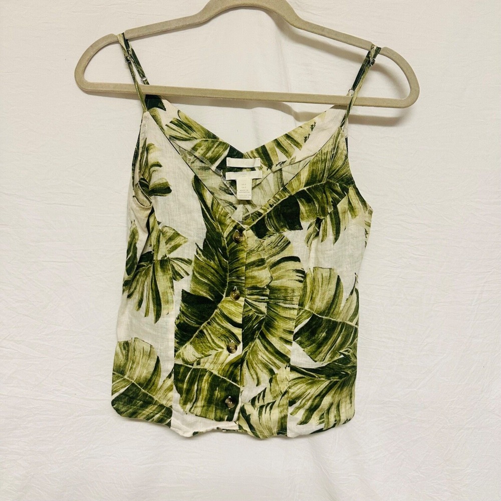 H&M 100% Linen‎ sleeveless tropical blouse Small Green leaves buttons V-neck